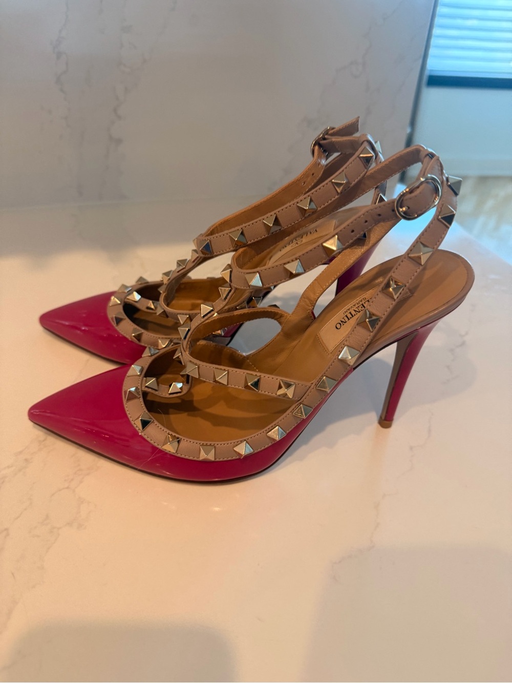 Valentino Pink Patent Pointed-Toe Rockstud Slingback Heels